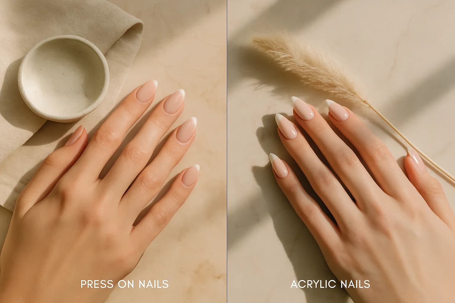 Press on nails vs acrylic comparison showing application methods and finished results